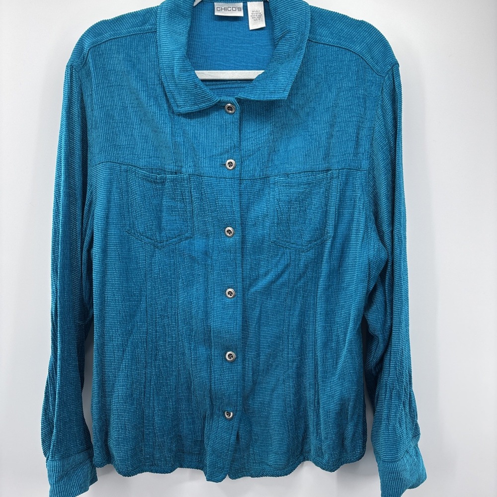 Chicos Women's Blue Ribbed Silk Blouse Button Front Long Sleeve‎ Size XL